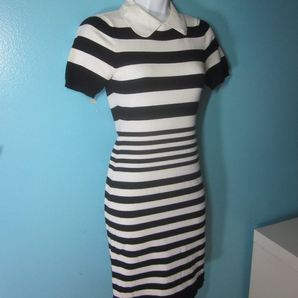 Karen Millen 1 Womens Striped Black White Bodycon Size XXS Collared 28-24-30